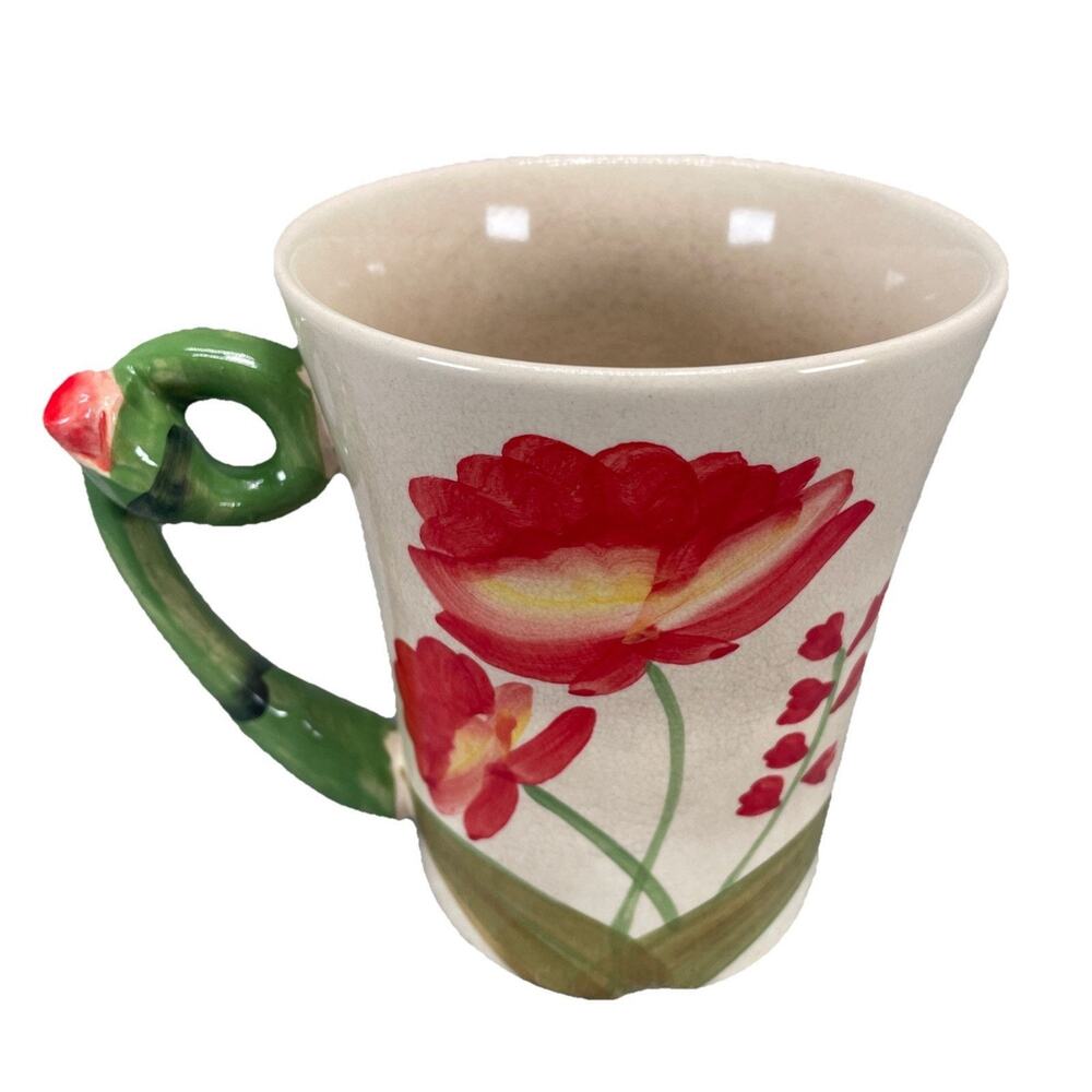 Pier 1 Imports Poppies Flowers Mug Hand-painted Stoneware GN Stem Shaped Handle